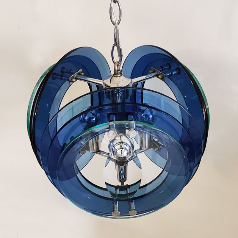 Vintage blue and green chandelier by Fontana Arte for Veca, Italy 1970s