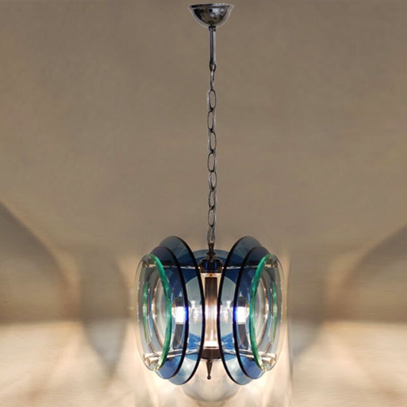 Vintage blue and green chandelier by Fontana Arte for Veca, Italy 1970s