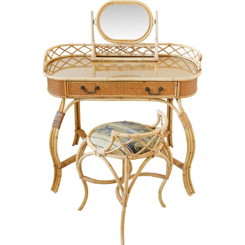 Vintage wicker dressing table set with bamboo framed mirror and upholstered stool, 1970