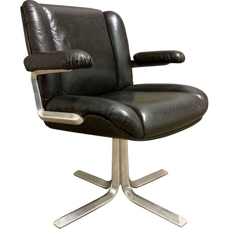 Vintage black leather and aluminum armchair, 1960s