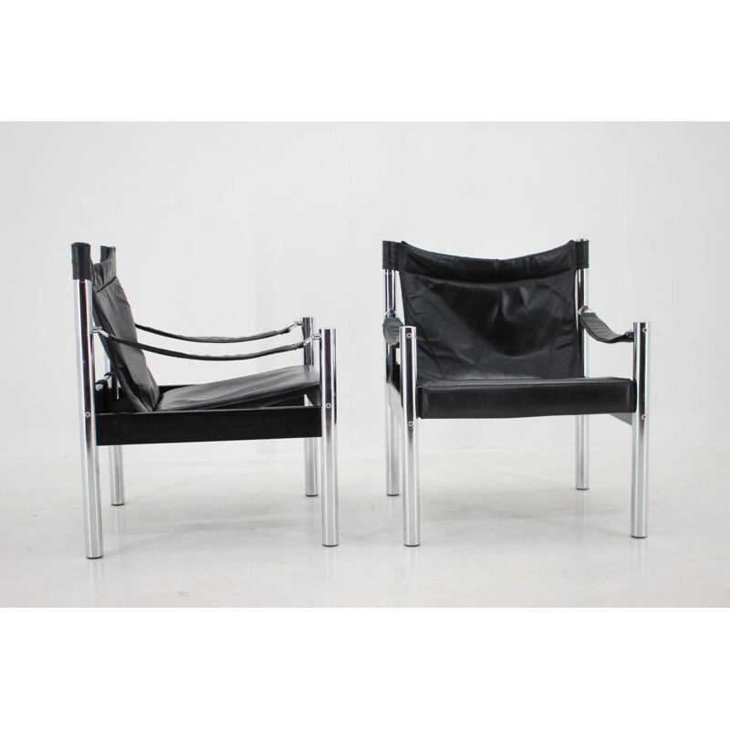 Paire de fauteuils Safari vintage en cuir noir et chrome par Johanson Design pour Markaryd, 1970