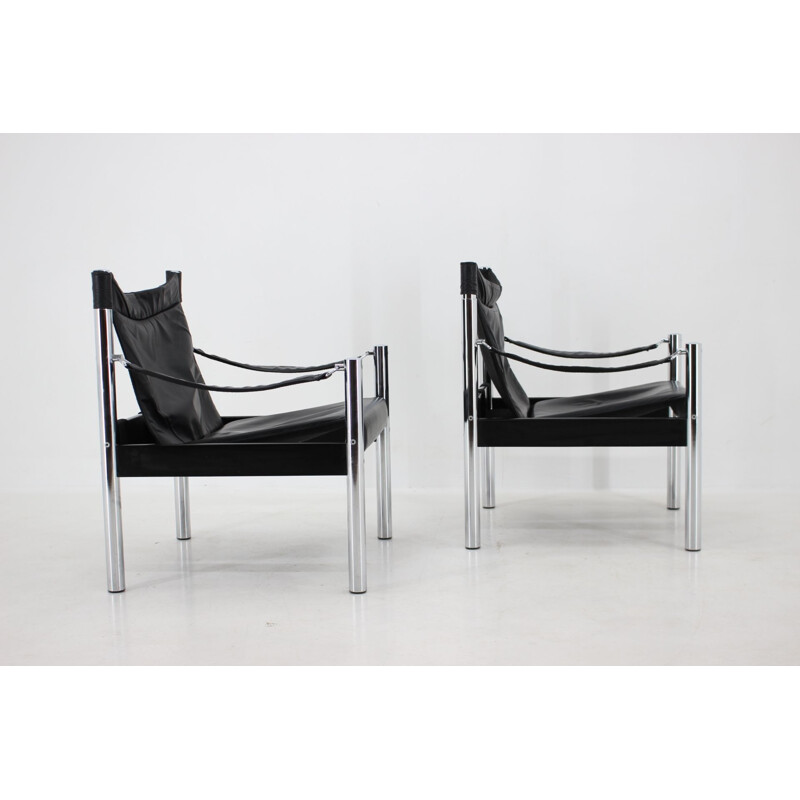 Pair of vintage black leather and chrome Safari armchairs by Johanson Design for Markaryd, 1970s