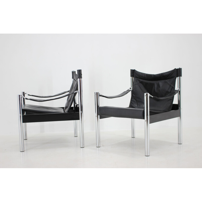 Pair of vintage black leather and chrome Safari armchairs by Johanson Design for Markaryd, 1970s