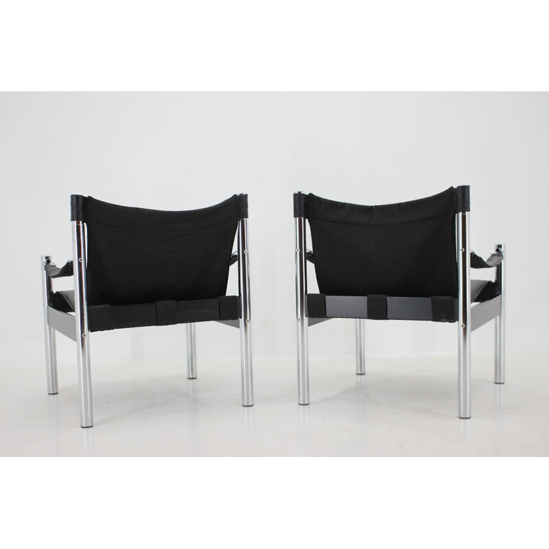 Pair of vintage black leather and chrome Safari armchairs by Johanson Design for Markaryd, 1970s