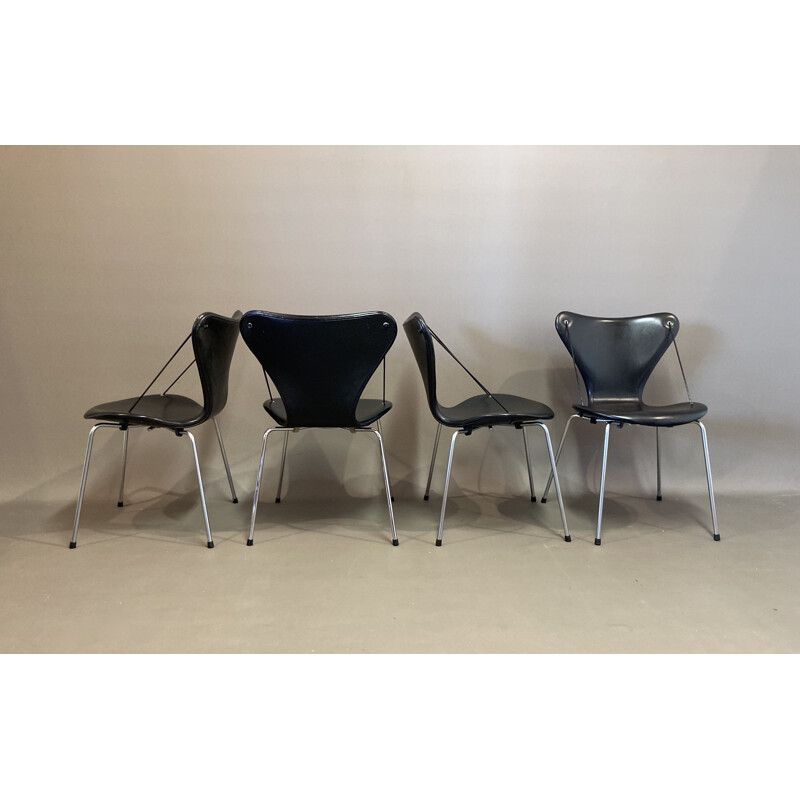 Set of 4 vintage leather and metal chairs by Arne Jacobsen for Fritz Hansen, 1960