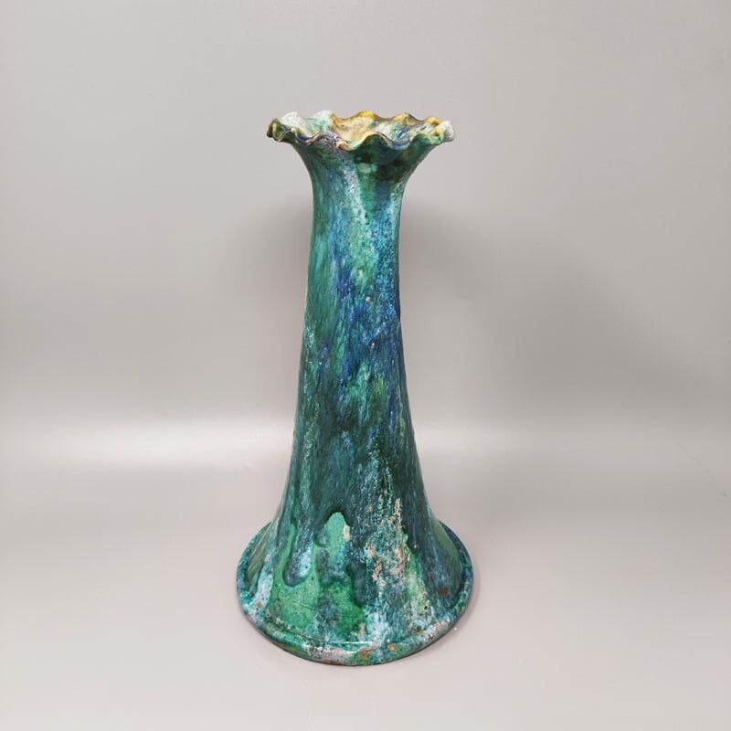 Vase vert Raku vintage en céramique par Paolo Soleri, Italie 1960