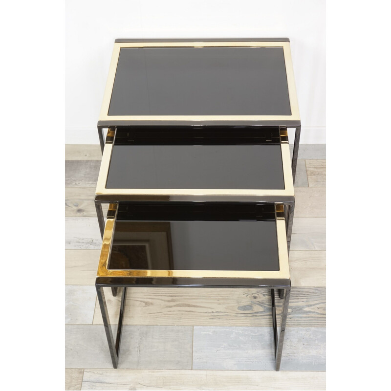 Vintage black lacquered and gold plated metal nesting tables, 1970