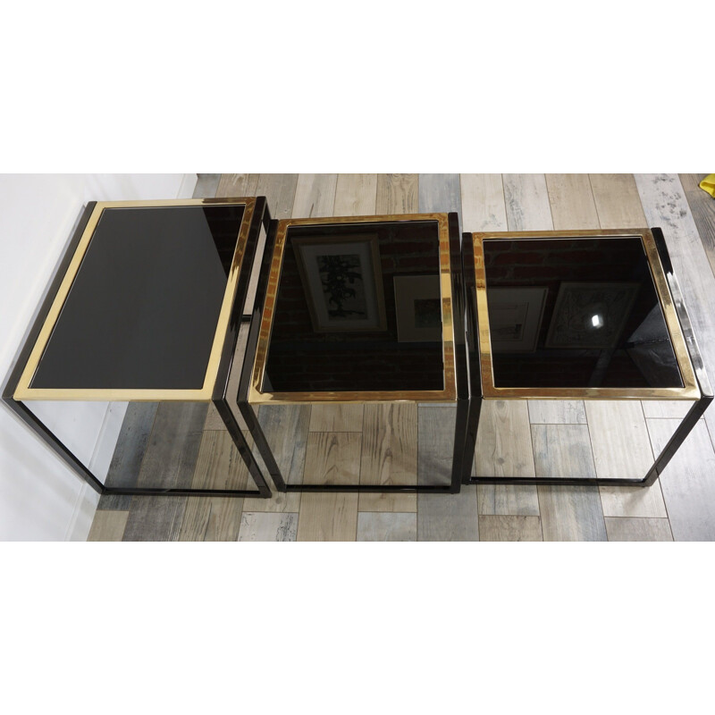 Vintage black lacquered and gold plated metal nesting tables, 1970