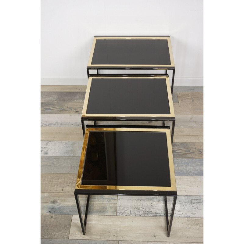 Vintage black lacquered and gold plated metal nesting tables, 1970