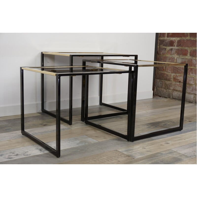 Vintage black lacquered and gold plated metal nesting tables, 1970