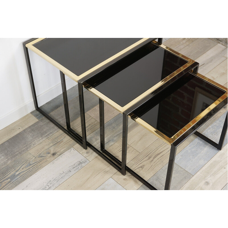 Vintage black lacquered and gold plated metal nesting tables, 1970