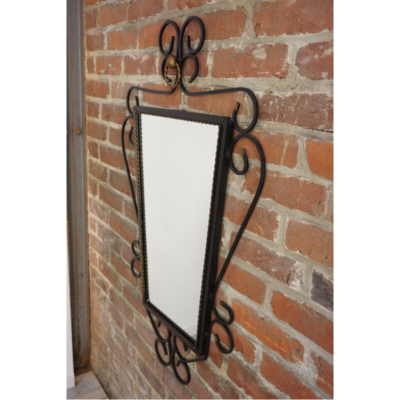 Vintage wrought iron mirror with golden twist, 1950