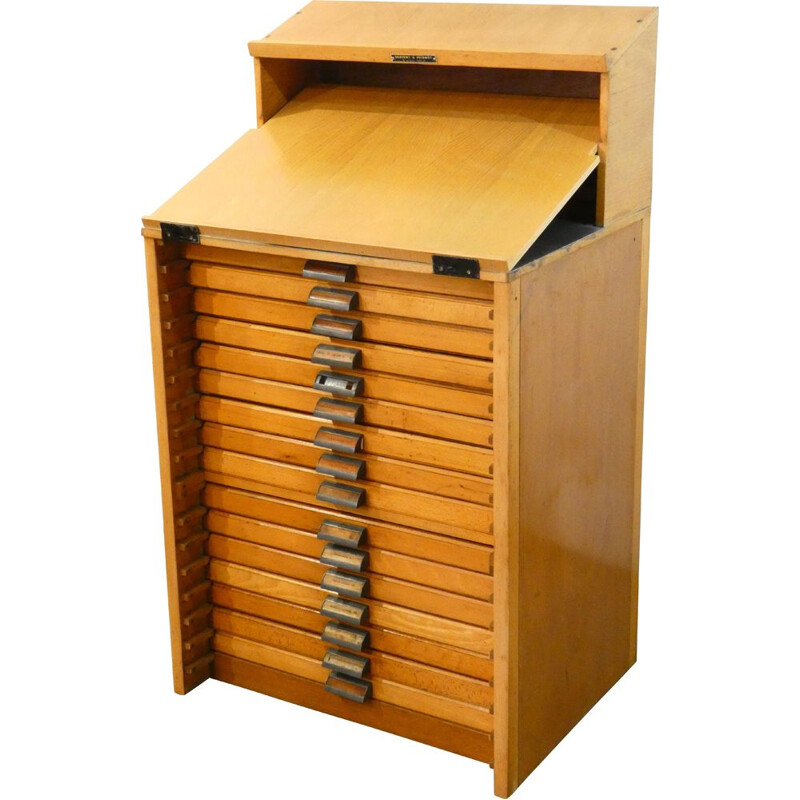 16 drawer vintage indus cabinet in beech and zinc from Typographe, 1950