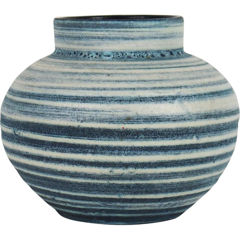 vase vintage en céramique blanche striée de bleu, France 1955-1965