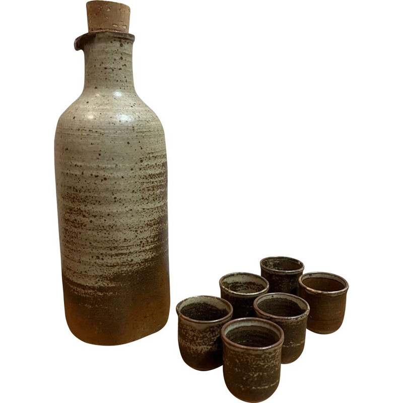 Vintage enameled stoneware liquor set by Cep Jean Tessier, 1970