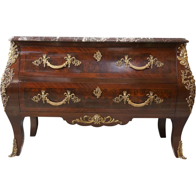 Vintage chest of drawers in mahogany, Amboyna burl and red marble