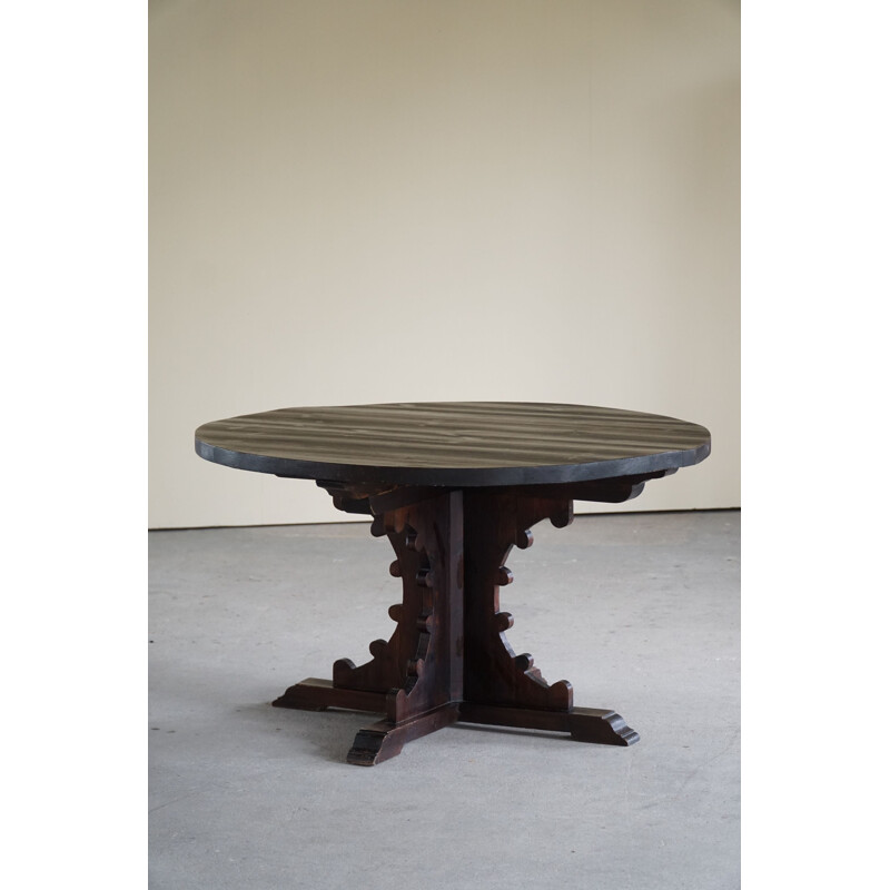 French vintage round Brutalist dining table in solid pine, 1940s