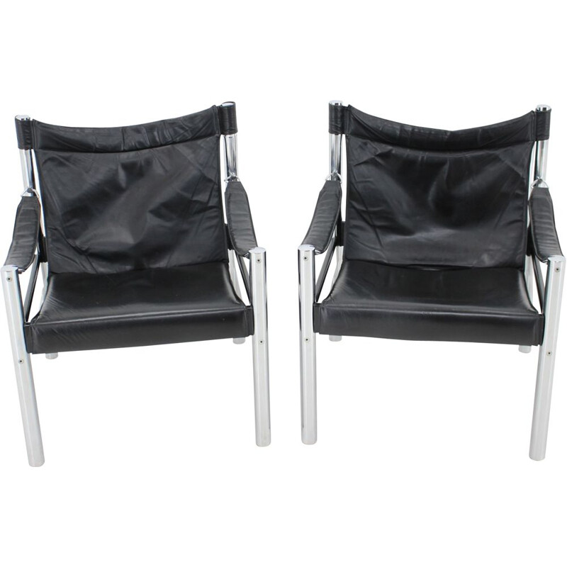 Paar Vintage-Safari-Sessel aus schwarzem Leder und Chrom von Johanson Design für Markaryd, 1970