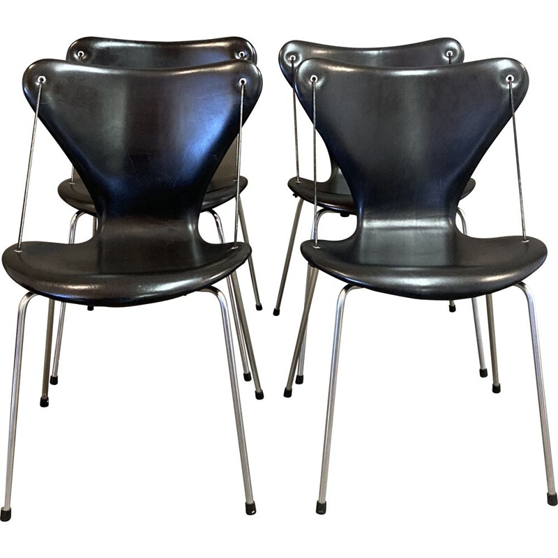 Set of 4 vintage leather and metal chairs by Arne Jacobsen for Fritz Hansen, 1960