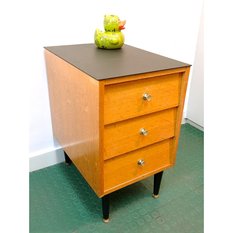 Mid-century wood and brass cabinet with 3 drawers - 1950s