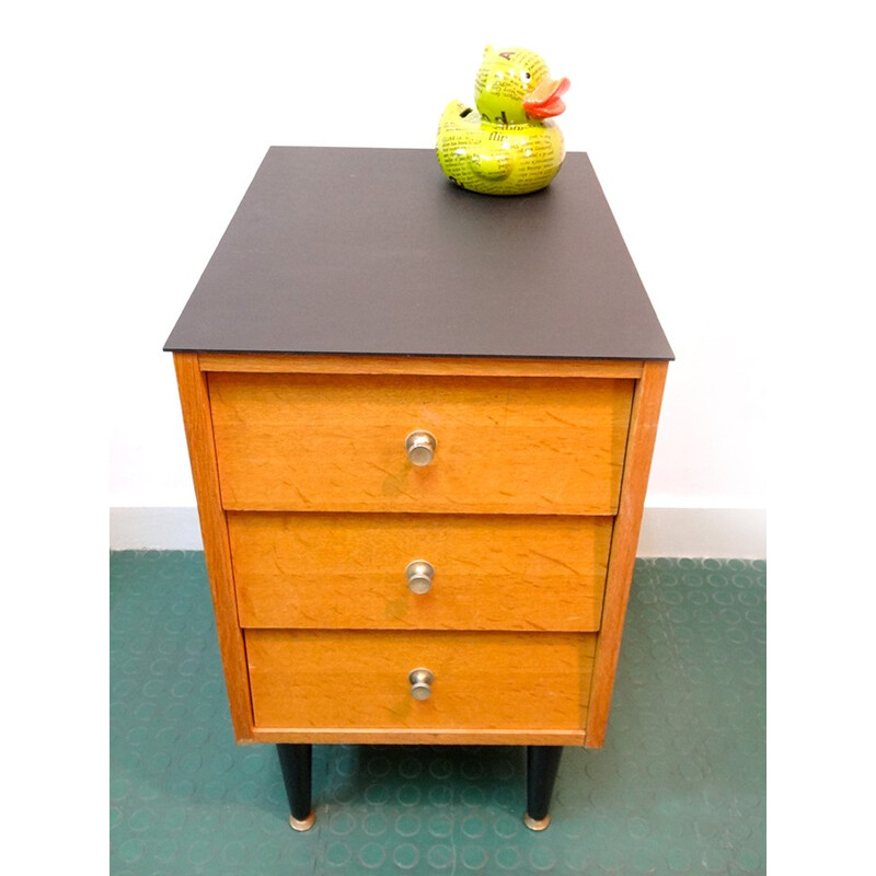 Mid-century wood and brass cabinet with 3 drawers - 1950s