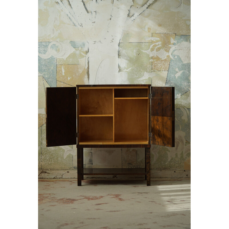 Vintage Art Deco Swedish cabinet in flamed birchwood & teak, 1930s