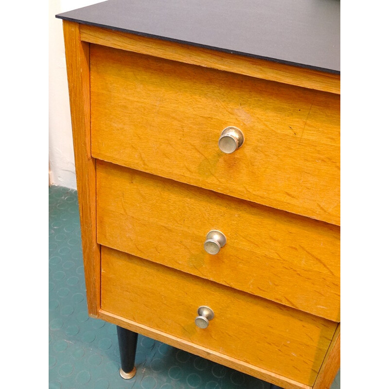 Mid-century wood and brass cabinet with 3 drawers - 1950s