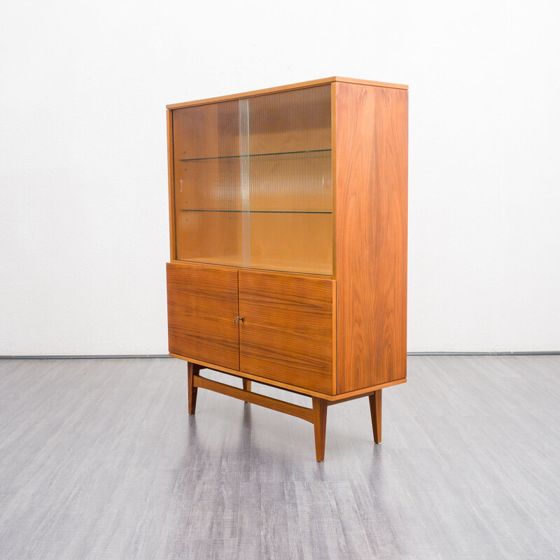 Vintage display cabinet in walnut and structured glass, 1950s