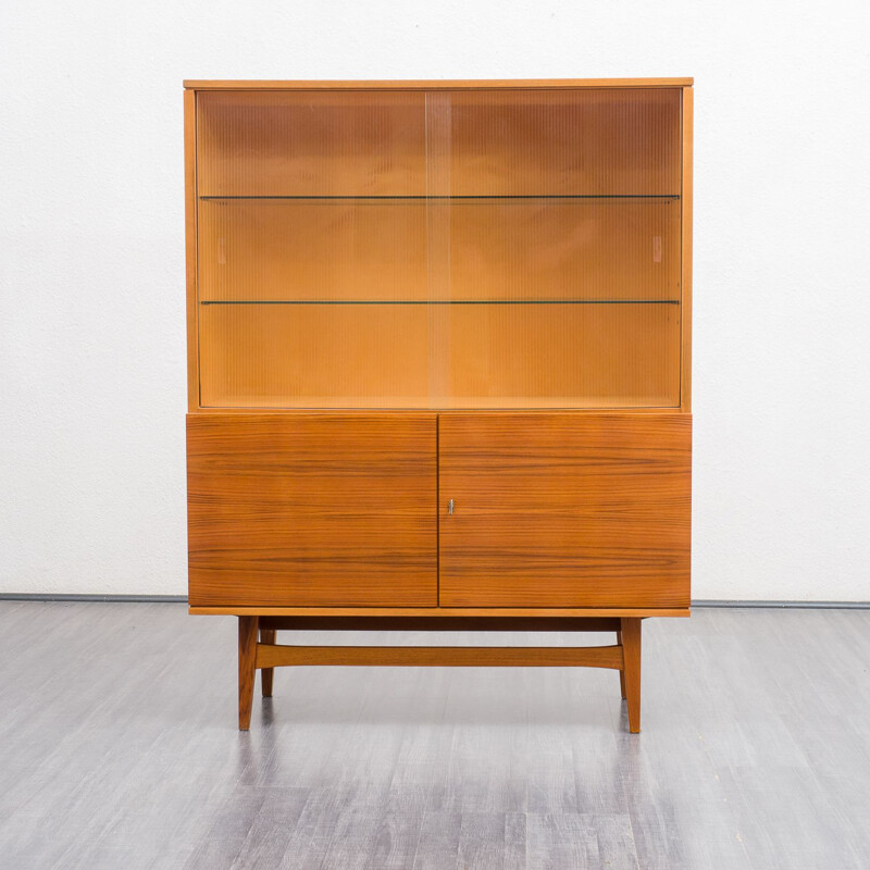 Vintage display cabinet in walnut and structured glass, 1950s