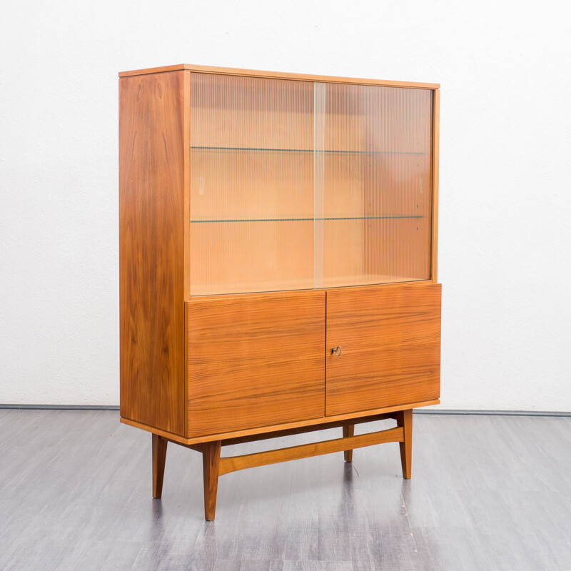 Vintage display cabinet in walnut and structured glass, 1950s