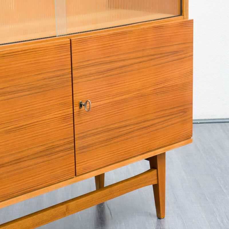 Vintage display cabinet in walnut and structured glass, 1950s