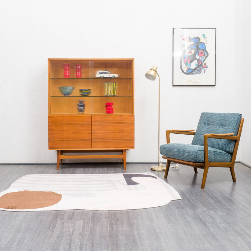 Vintage display cabinet in walnut and structured glass, 1950s