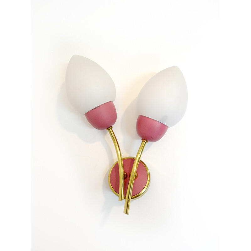 Double wall lamp in brass and lacquered raspberry - 1960s