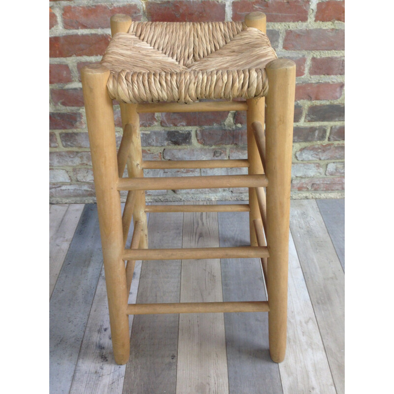 Vintage wood and straw high stool