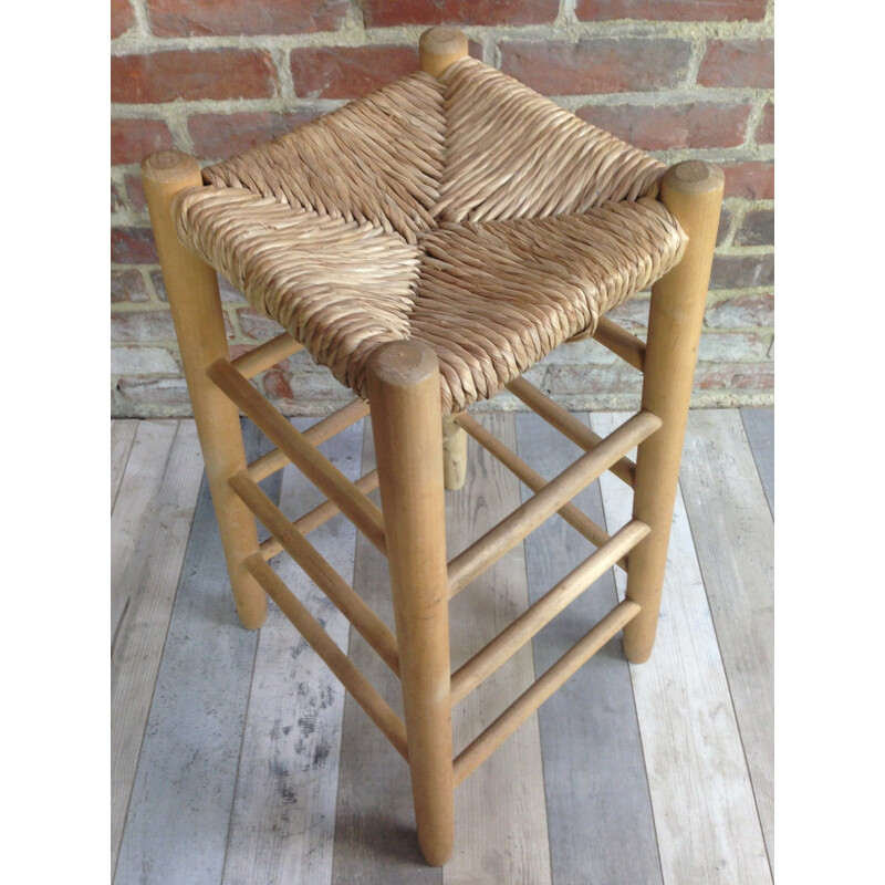 Vintage wood and straw high stool