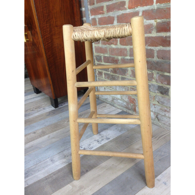 Vintage wood and straw high stool