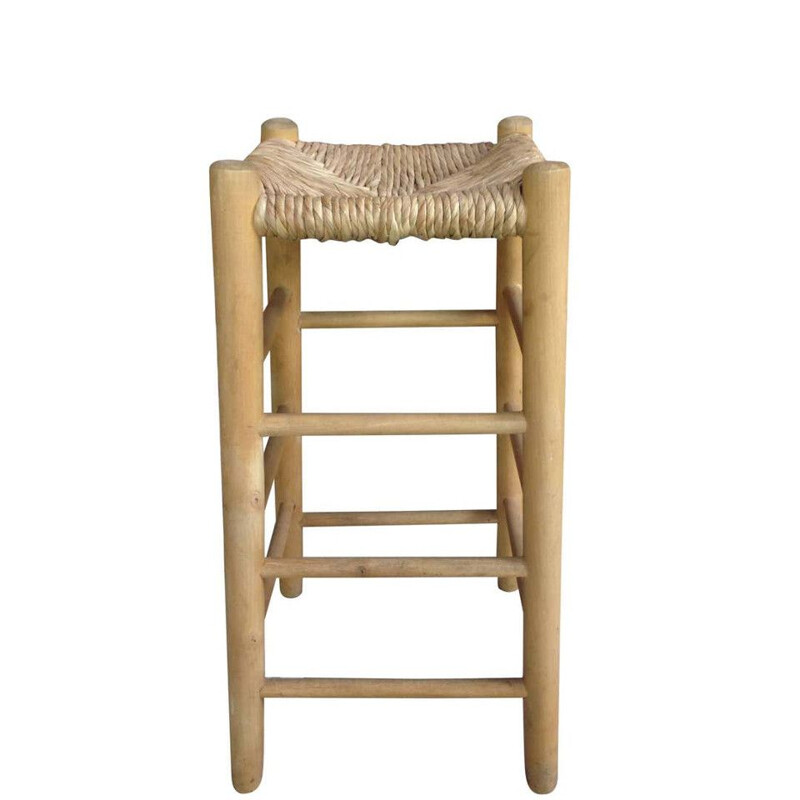 Vintage wood and straw high stool