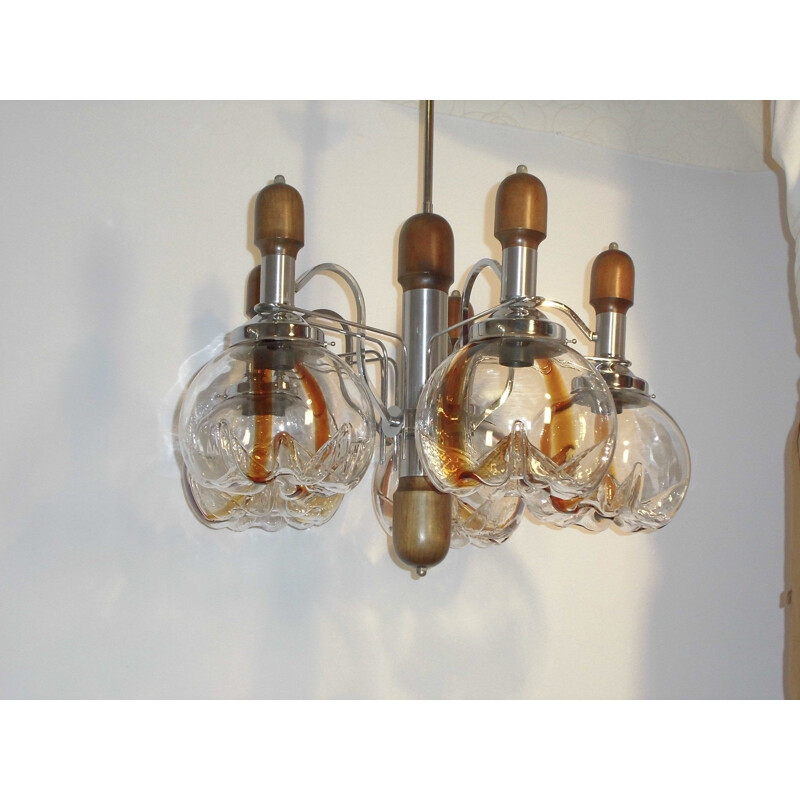 Lámpara vintage de cristal de Murano, madera y cromo para Mazzega, 1960-1970