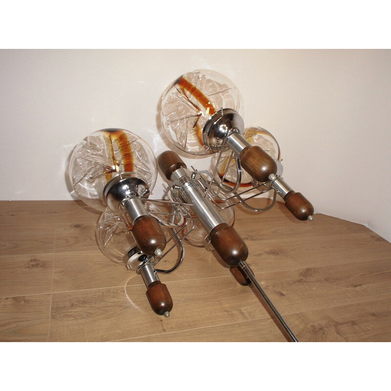 Vintage Murano glass, wood and chrome chandelier for Mazzega, 1960-1970