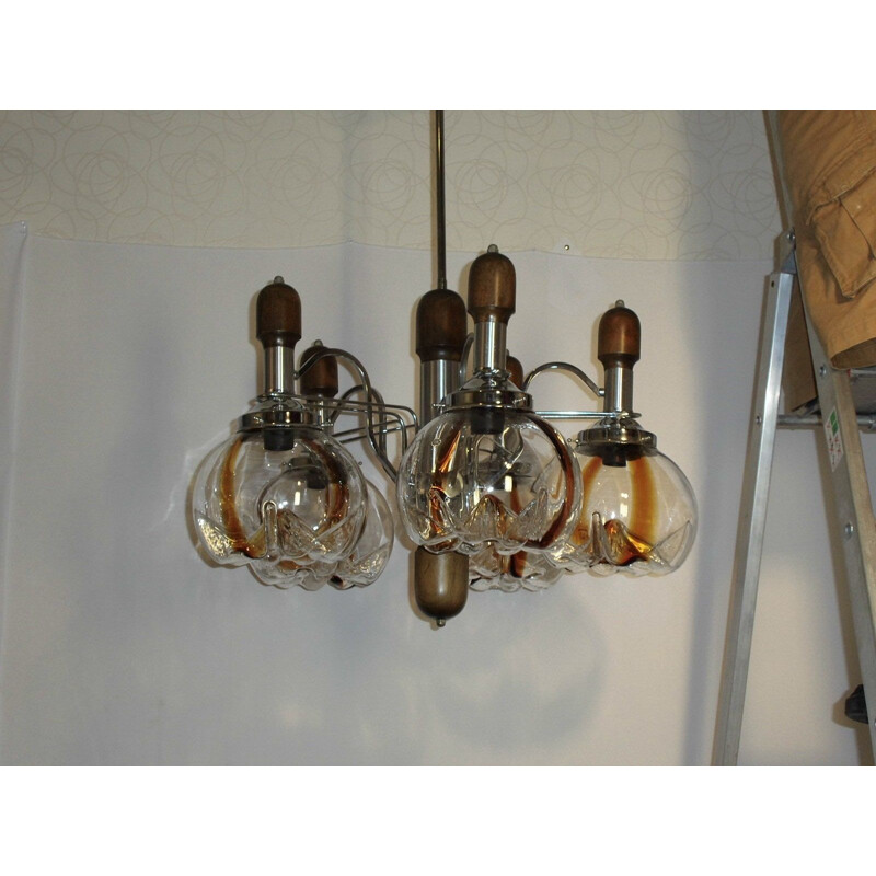 Vintage Murano glass, wood and chrome chandelier for Mazzega, 1960-1970