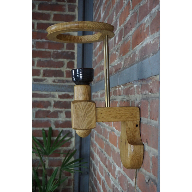 Vintage wall lamp in solid oak by Guillerme et Chambron