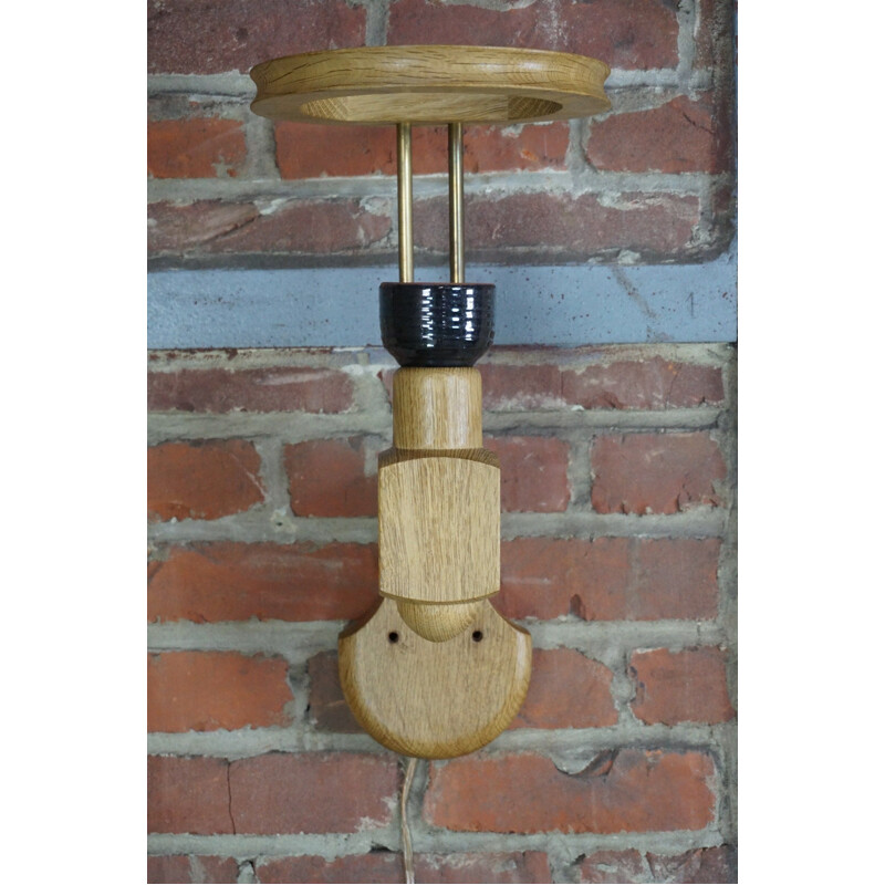 Vintage wall lamp in solid oak by Guillerme et Chambron