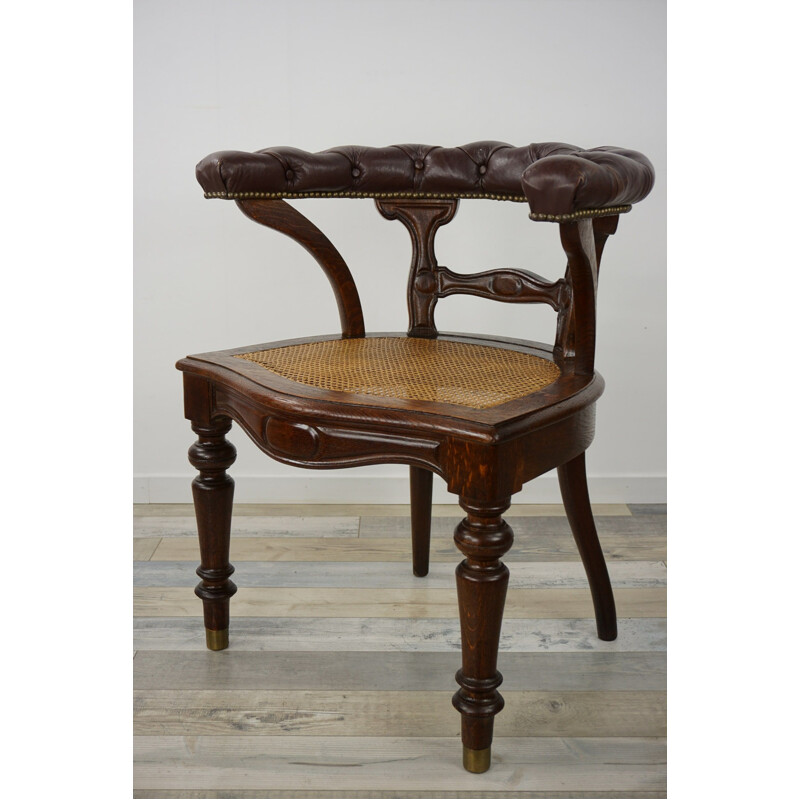 Vintage "captain's chair" office armchair in wood, leather and cane