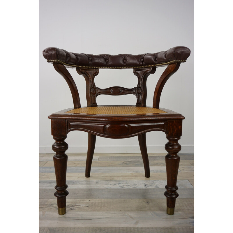 Vintage "captain's chair" office armchair in wood, leather and cane