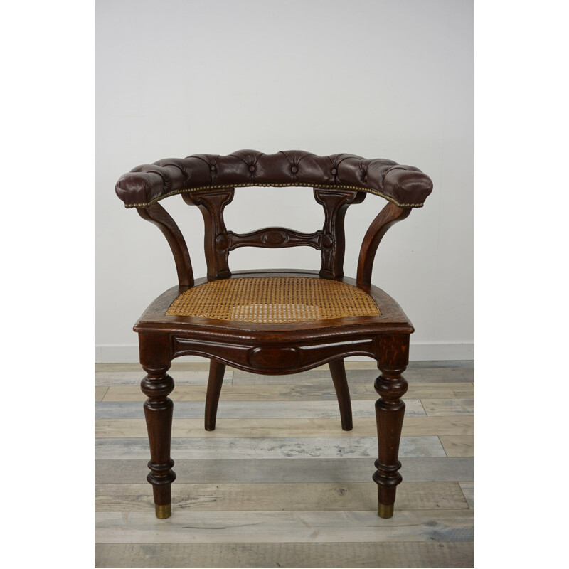 Vintage "captain's chair" office armchair in wood, leather and cane