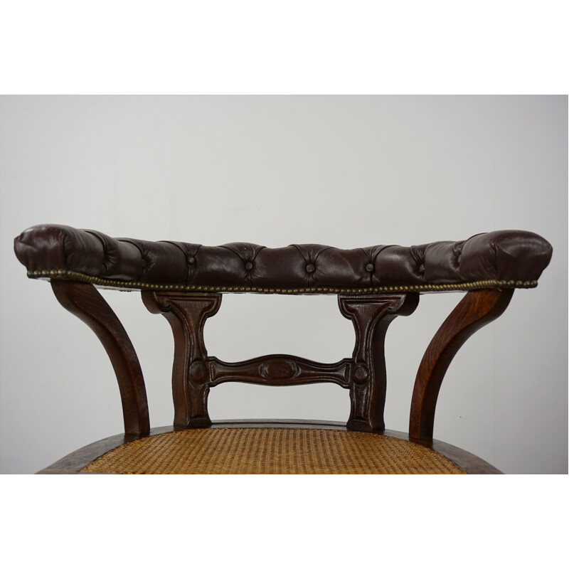 Vintage houten, lederen en rieten "kapiteinsstoel" bureaustoel