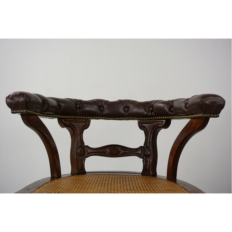 Vintage "captain's chair" office armchair in wood, leather and cane