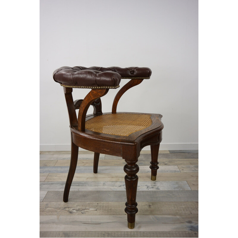 Fauteuil de bureau "fauteuil de capitaine" vintage en bois, cuir et cannage