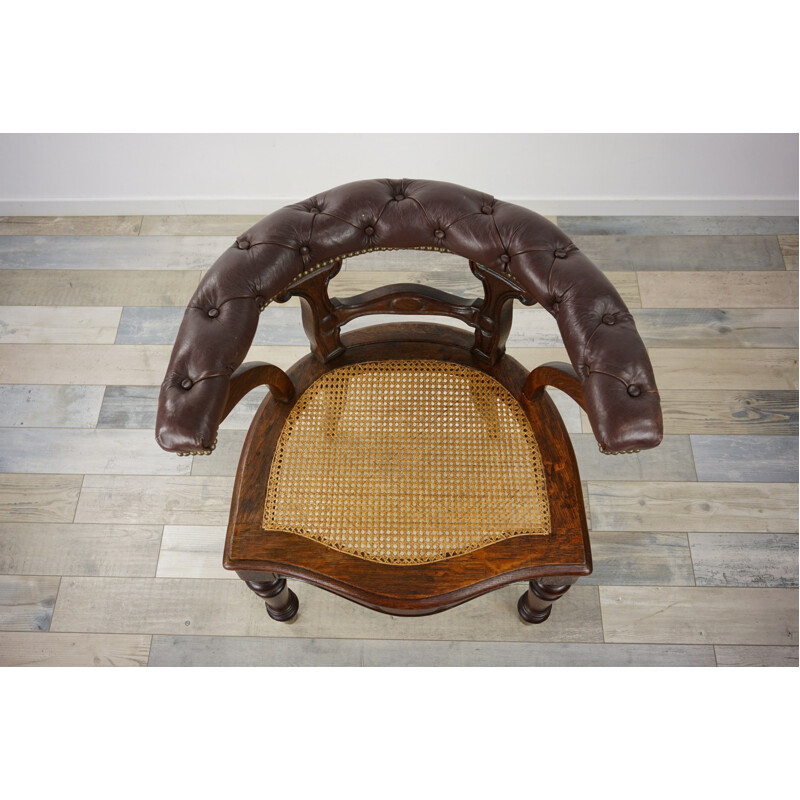 Vintage houten, lederen en rieten "kapiteinsstoel" bureaustoel