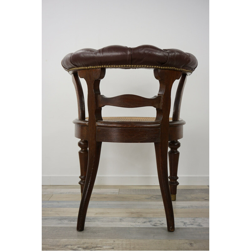Fauteuil de bureau "fauteuil de capitaine" vintage en bois, cuir et cannage